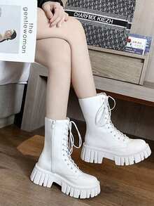 Botas de cordones de moda para mujer,Botas Cortas para Mujer: Estilo Británico y Botas Moteras de Moda | Cómodas de Llevar, Ideal para Actividades Al Aire Libre - Blanco - Ver 3