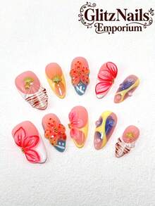 Each Set Of 10 Pieces Y2k Gothic Pressed Almond Nails White French Edge Fading Technology Modeling Glue Three-Dimensional Carving Technology Multi-Color Matching Girl Cute Suitable For A Variety Of Scenes Wearing Decoration Three Sizes Can Be Selected For Nail Supplies