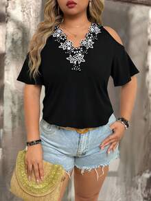 Elegant Fashion Versatile Floral Fabric V-Neck Blouse | Casual Fall Clothes Plus Size For Women | Spring Summer Break Country Concert Vacation Outfits For Women - màu đen - Xem 1