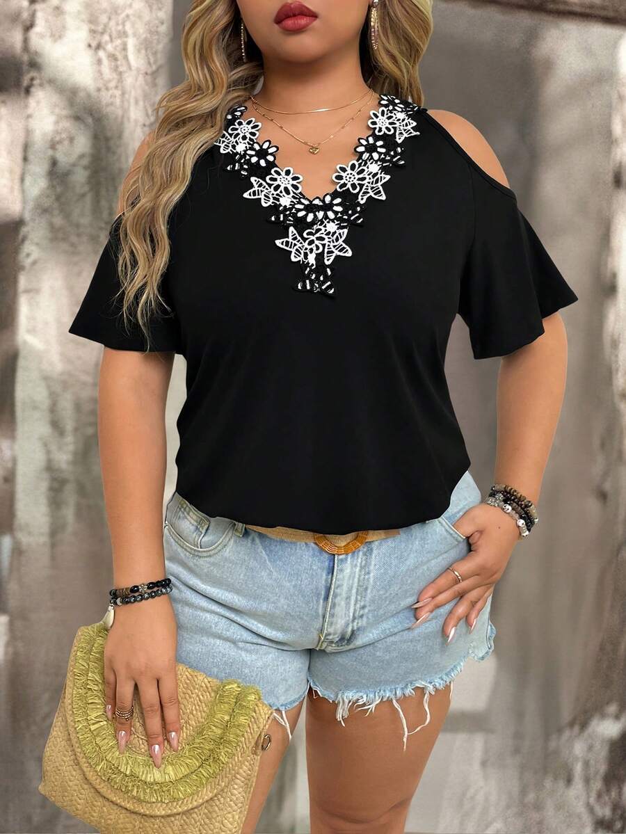 Elegant Fashion Versatile Floral Fabric V-Neck Blouse | Casual Fall Clothes Plus Size For Women | Spring Summer Break Country Concert Vacation Outfits For Women - màu đen - Xem 1