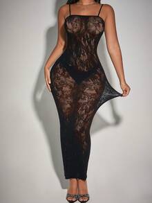 Women Lace Hollow Out Spaghetti Strap Maxi Dress - Black - View 4