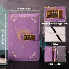 A5 Vintage Sonnenmuster Notizbuch mit Schloss, unisex, nachfüllbar, 224 nummerierte Seiten, Lernmaterial, Schulanfang - A5 - Übersicht 2