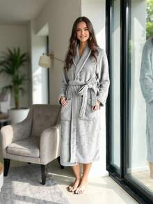 Szlafrok damski polarowy, pluszowy, ciepły, długi, polarowy, koszula nocna, bielizna nocna, puszysty, przytulny, ciepły, lekki szlafrok, szlafrok prysznicowy, długi szlafrok damski, bawełniany kimono, długi, dzianinowy, lekki, miękki, dzianinowy, bielizna nocna, dekolt w serek, swobodny, damski, strój domowy, szlafroki damskie