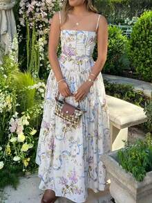Women's Floral Corset Maxi Dress Summer Spaghetti Strap Backless Beach Party Flowy Long Dress Y2K Summer Wedding Guest Dresses - Màu tím - Xem 1