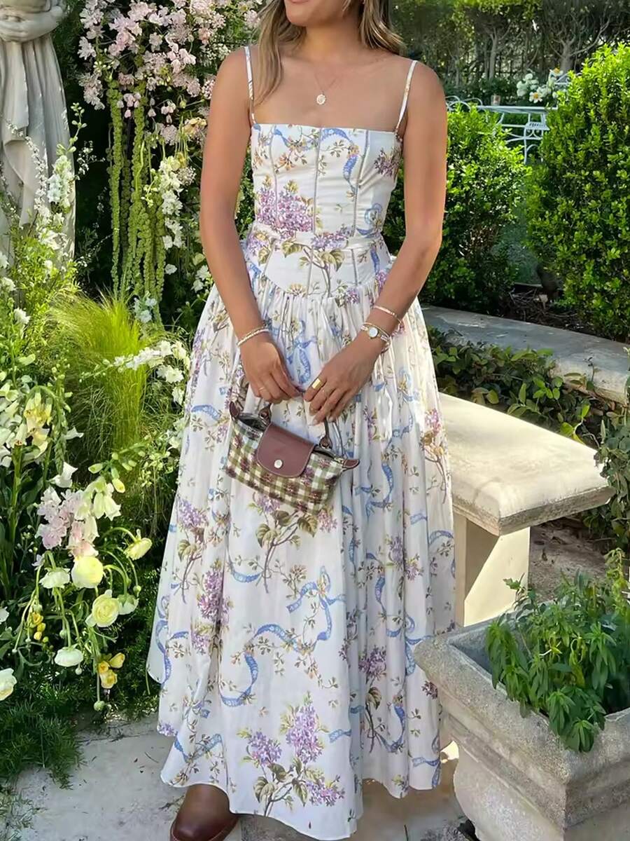 Women's Floral Corset Maxi Dress Summer Spaghetti Strap Backless Beach Party Flowy Long Dress Y2K Summer Wedding Guest Dresses - Màu tím - Xem 1