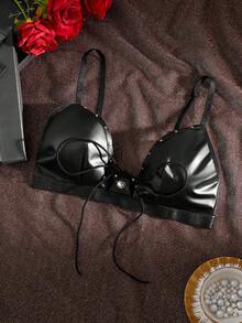 Sujetador sexy con corazones de tachuelas y calado de piel sintética para mujeres