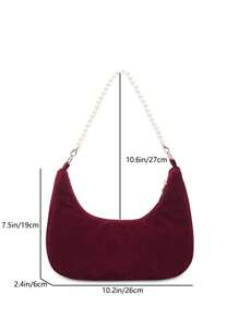 Fashionable Pearl Chain Crescent Shoulder Bag, Stylish Shoulder Baguette Bag, Handheld Small Bag, Outdoor Casual Bag, Versatile Commuter Bag - Burgundy - View 2