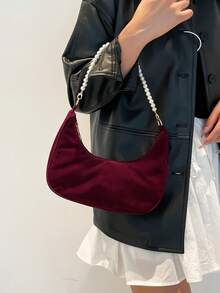 Fashionable Pearl Chain Crescent Shoulder Bag, Stylish Shoulder Baguette Bag, Handheld Small Bag, Outdoor Casual Bag, Versatile Commuter Bag - Burgundy - View 3