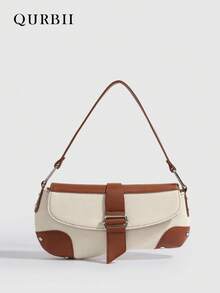 QURBII 1pc Fashionable Fabric & Faux Leather Patchwork Design Baguette Underarm Bag, Versatile Chic Shoulder Bag Handbag, Rivet Accent Shoulder Bag, Phone Pouch Small Bag, Suitable For Women Office, Commute, Date, Shopping, Casual, Vacation, Beach, Music Festival, Party, Wedding, School