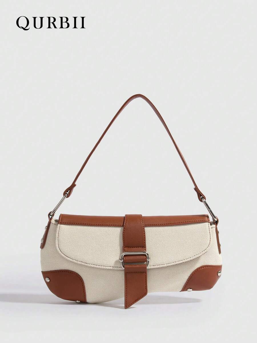 QURBII 1pc Fashionable Fabric & Faux Leather Patchwork Design Baguette Underarm Bag, Versatile Chic Shoulder Bag Handbag, Rivet Accent Shoulder Bag, Phone Pouch Small Bag, Suitable For Women Office, Commute, Date, Shopping, Casual, Vacation, Beach, Music Festival, Party, Wedding, School