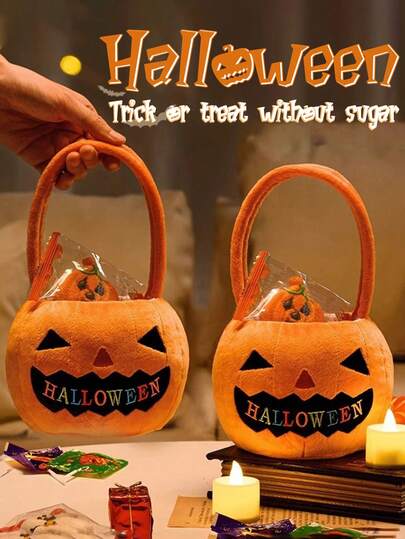 1pc Velvet Candy Bags, Cross-Border Halloween Hand-Held Pumpkin Bags, Ghost Festival Atmosphere Costume Props, Begging For Candy Bags