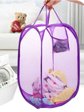 1pc Foldable Pop-Up Mesh Laundry Basket With Side Pocket, Dirty Clothes Storage Bag With Handle, Suitable For Children & Baby Toys And Supplies