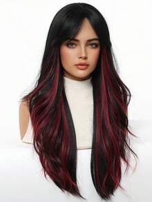 26 Inch Black & Red Long Straight Synthetic Heat Resistant Wig With Bangs, Suitable For Daily Wear, Parties And Cosplay - Piano Color - View 4