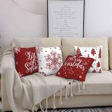 4pcs Merry Christmas Pillow Covers, Snowflake Pattern, Christmas Tree Home Decor, Living Room Outdoor Sofa Single-Sided Design, Pillow Inserts Not Included - Red and White - View 5