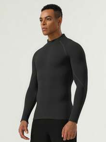 3 piezas Conjunto de ropa deportiva de manga larga con cuello alto para hombres, Camiseta deportiva de protección solar profesional estilo novio para hombres, Camiseta básica estilo novio para gimnasio y entrenamiento para hombres - Negro - Ver 5