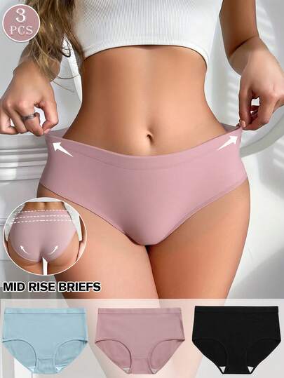 3pcs Women's Mid Rise Briefs Comfortable And Breathable Solid Color Panties With High Elasticity And Tummy Control Butt Lifting Underwear Full Coverage Briefs Minimalist Shapewear Style For Everyday