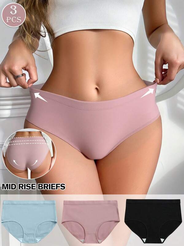 3pcs Women's Mid Rise Briefs Comfortable And Breathable Solid Color Panties With High Elasticity And Tummy Control Butt Lifting Underwear Full Coverage Briefs Minimalist Shapewear Style For Everyday