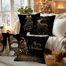 MEMNUN 4 Stück Weihnachts Schwarz Gold Weihnachtsbaum Weihnachtsmann Rentier Fröhliche Weihnachten Text Muster Polyester Dekorative Kissenbezüge [Ohne Kissenfüllung], 45*45cm/50*50cm/40*40cm, [Einseitig Muster] Weihnachts Atmosphäre Dekokissenbezüge für Sofa, Bett, Wohnzimmer, Schlafzimmer, Auto, Büro, Hotel, geeignet für alle Jahreszeiten, Weihnachtsgeschenk für Familie und Freunde