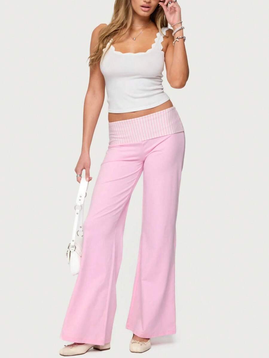 Women's Fold Over Yoga Pants Striped Polka Point Wide Leg Workout Sweatpants Y2k Lounge Pants - 粉色 - 查看 1