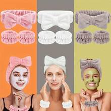 Three-Piece Set For Preventing Wetness While Washing Face, Including Coral Fleece Absorbent Hairband And Wristband, A Tool For Ladies' Washing And Skin Care To Prevent Getting Wet
