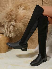 2025 Autumn/Winter New Women's Boots, Side Zipper Flat Boots With Metal Trim, Thick Sole Increased Height Knee-High Boots, Elastic Lycra Boot Shaft, Expandable Glossy Tall Boots For Women