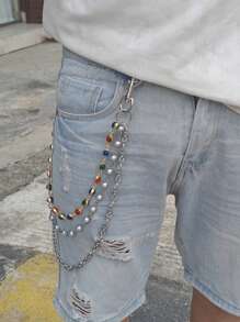 DIY Stainless Steel Multicolour Round Bead Agate Three Layer Pants Chain Men One's Waist Luxury Accessories Retro Keychain Hip Hop Jewelry Product Colors Randomly Send