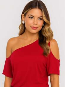 Women's Basic Viscolycra Blouse Round Neck Baby Look Short Sleeve - Red - View 2