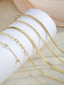 Set de 5 piezas de pulseras elegantes apilables de tono dorado para mujer, adecuadas para uso diario (cantidad de cadena y cuentas aleatoria, longitud fija) - Dorado - Ver 2