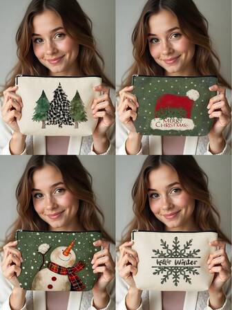 1pc Christmas Snowflake Snowman Holly Tree Print Linen Cosmetic Bag, Cute Travel Makeup Pouch And Multipurpose Coin Purse, Lightweight Gift Essential For Women