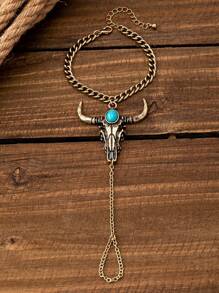 1 件复古西式椭圆形绿松石和牛头设计指环手链组合，时尚女士配饰适合日常佩戴、节日、礼物