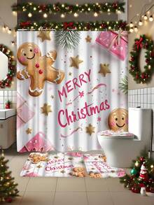 1 Piece/4 Pieces Christmas Scene Winter Decor, Pink Gingerbread Man, Snowflake, Christmas Shower Curtain, Modern Personalized Bathroom Christmas Decor, Waterproof Fabric Shower Curtain Set With 12 Hooks, Non-Slip Bathroom Rug, U-Shaped Toilet Mat, Toilet Lid Cover, Christmas Home Decor. Bathroom Decor