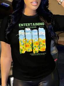 Camiseta de Talla Grande para Mujer del Día de la Madre - Estampado Floral y Paisaje en Óleo con Frase Inspiradora, Tejido Antiaarrugas y Secado Rápido, Cuello Redondo Casual para Todas las Estaciones - Negro - Ver 1