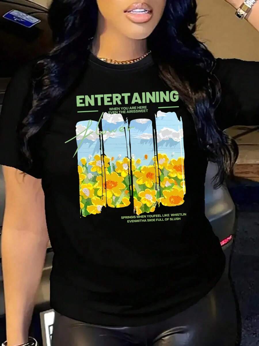 Camiseta de Talla Grande para Mujer del Día de la Madre - Estampado Floral y Paisaje en Óleo con Frase Inspiradora, Tejido Antiaarrugas y Secado Rápido, Cuello Redondo Casual para Todas las Estaciones - Negro - Ver 1