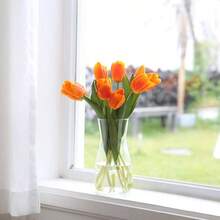 10PCS Artificial Flowers With Vase, Faux Tulip Flower Artificial Flowers Bouquet In Glass Vase, Faux Flower Arrangement Suitable For Home Office Decoration, Dining Table Centerpiece - 透明+花瓶/日落+鬱金香 - 查看 7