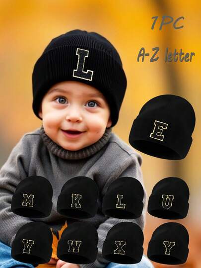 1 pieza Gorro de punto con 26 letras para niños y niñas pequeños, gorros de invierno cálidos y versátiles