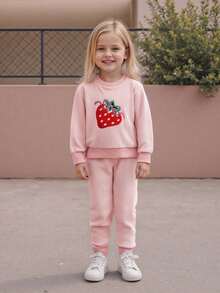 Baby Girl Waffle 2 Piece Outfits Strawberry Embroidery Long Sleeve Crew Neck Tops And Elastic Waist Pants Set - Hồng - Xem 5
