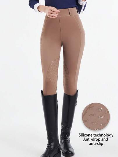 Calça de montaria feminina com estampa de cavalo azul-celeste e silicone, cintura média, bolsos laterais, elástica, que absorve o suor, respirável, macia e confortável, adequada para passeios a cavalo ao ar livre
