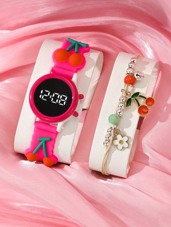 2 Pieces Girl's Watch With Round LED Digital Display, Children's Watch Featuring Cherry And Fruit Patterns Wristband Clock, Affordable School Season Watch Suitable For Students, Fashionable School Supplies Electronic Watch & Cute And Sweet Red Handcrafted Accessory, Cherry Children's Bracelet, Girlfriend And Best Friend's String, Suitable For Daily Life, School, Parties, Travel, And Friends' Birthday Gifts. It's The Perfect Gift For Girls.