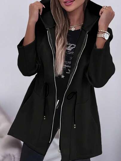 Jaqueta feminina com capuz, casual e moderna, com zíper para outono e inverno.