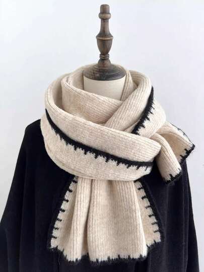 Beige Knitted Scarf For Women, Soft & Warm Knitted Thick Cashmere Neck Warmer, Fashionable For Students, Autumn/Winter