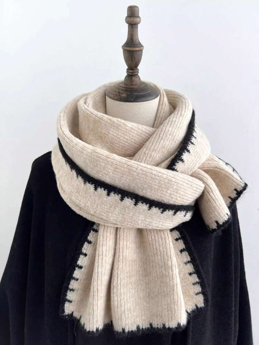 Beige Knitted Scarf For Women, Soft & Warm Knitted Thick Cashmere Neck Warmer, Fashionable For Students, Autumn/Winter