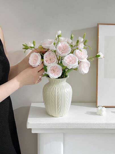 1PC Shatterproof Faux Ceramic Plastic Vase, Moderne Minimalist Home Wit Gestreepte Textured Cylindrical Elegante Multi Functional ative Flower Vase Wedding, Office, Seasonal Displays, Year Round Indoor/Outdoor Room Glass view 9