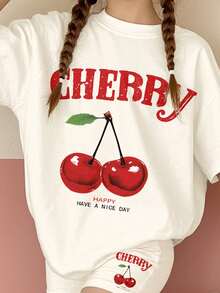 Conjunto informal de 2 piezas de niña preadolescente, conformado por una camiseta de manga corta y pantalones cortos, con un patrón de cereza vintage, apropiado para el verano - Multicolor - Ver 4