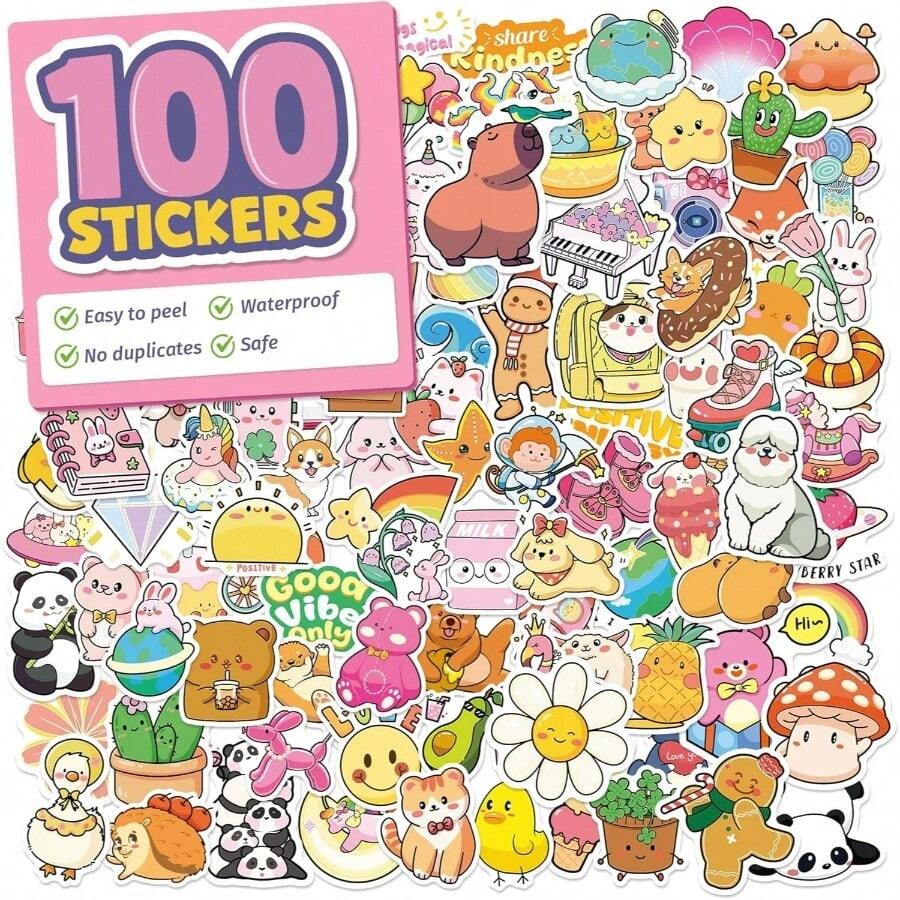 100PC Cute Stickers For Kids, Animal Large Stickers For Kids Waterproof Dishwasher  Stickers Packs Vinyl Assorted Sticker Bulk For Girls, Boys, Teens