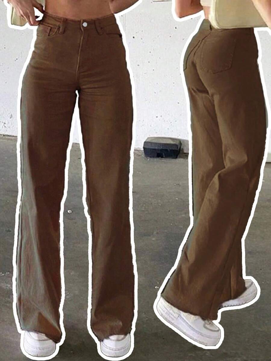 秋季女装女士街头风格复古牛仔裤，修腰流苏设计，直筒牛仔裤 - 棕色 - 查看 1