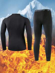 Men's Thermal Underwear Set, Pure Black Long-Sleeved Round-Neck Top And Long Trousers, Thermal Base Shirt, Velvet Thickened In Autumn And Winter, Fleece Tights, Sportswear, High-Elastic Fitness Clothes, Running Training Clothes, Cycling Clothes