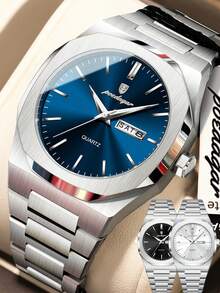 POEDAGAR 男士商务日期星期不锈钢石英表，时尚防水夜光男士腕表，休闲男士腕表，适合日常佩戴，节日男士礼物