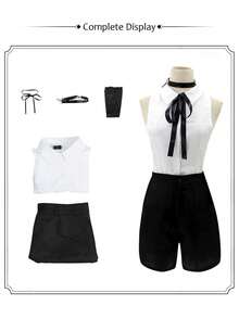 1件套Reisauce角色扮演服装，白色无袖衬衫，黑色短裤，带项圈，学生JK制服套装，动漫服装，舞台表演服装 - 白黑色 - 查看 8