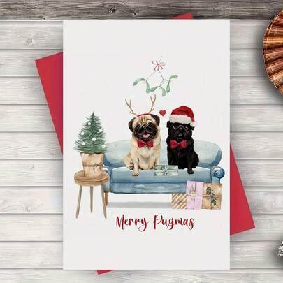 1pc Funny And Unique Christmas Card, Pug Dog Greeting Card, Christmas Card, Merry Pugmas, Suitable For Christmas Eve, Holiday Celebration Occasion, Santa Claus Greeting Card, Christmas Gift For Family, Friends, Coworkers, Christmas Card