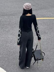 Women's Retro Floral Print Long Sleeve T-Shirt, Summer Casual Spring - Black - View 5